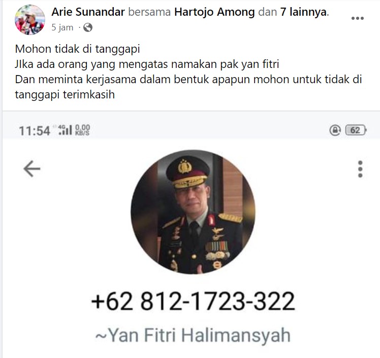 Tangkapan layar di akun Facebook Arie Sunandar , pelaku OTK yang menggunakan foto Brigjen Pol Yan Fitri Halimansyah. Selasa (28/9/2022). (Foto: ss akun fb arie sunandar)