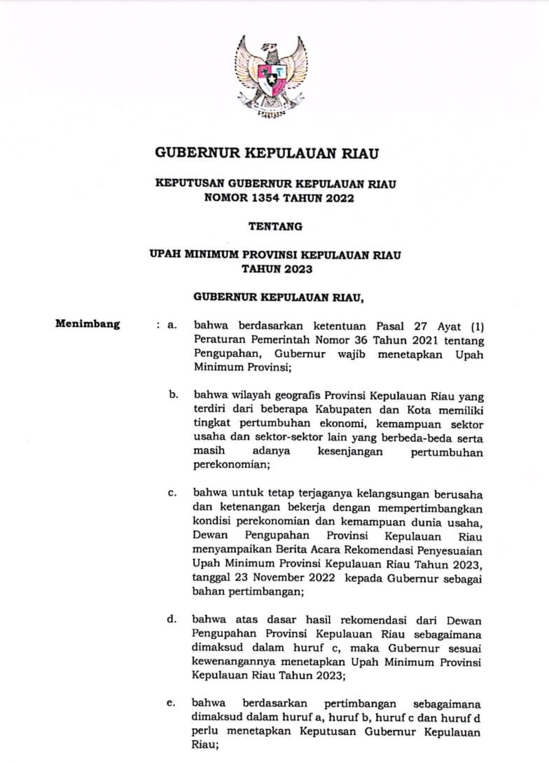 Surat Keputusan Gubernur Kepulauan Riau Nomor 1354 Tahun 2022 tanggal 28 November 2022 tentang Upah Minimum Provinsi Kepulauan Riau Tahun 2023. (Foto: Diskominfo Kepri)