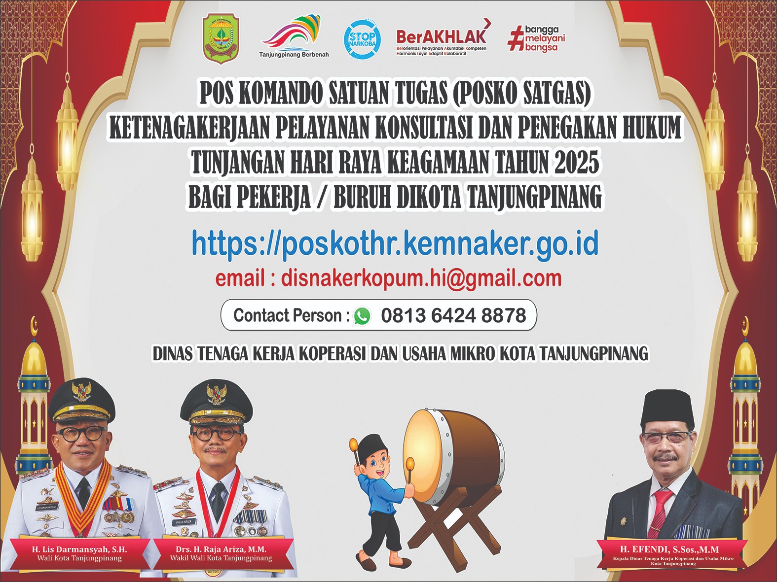 Disnaker Tanjungpinang Posko pengaduan THR Pemko Tanjungpinang dibuka sejak 12 Maret 2025 dan berlokasi di Kantor Dinas Tenaga Kerja, Koperasi, dan Usaha Mikro Kota Tanjungpinang, Jalan Daeng Celak, Lantai 4, Senggarang. (Foto: pijarkepri.com)
