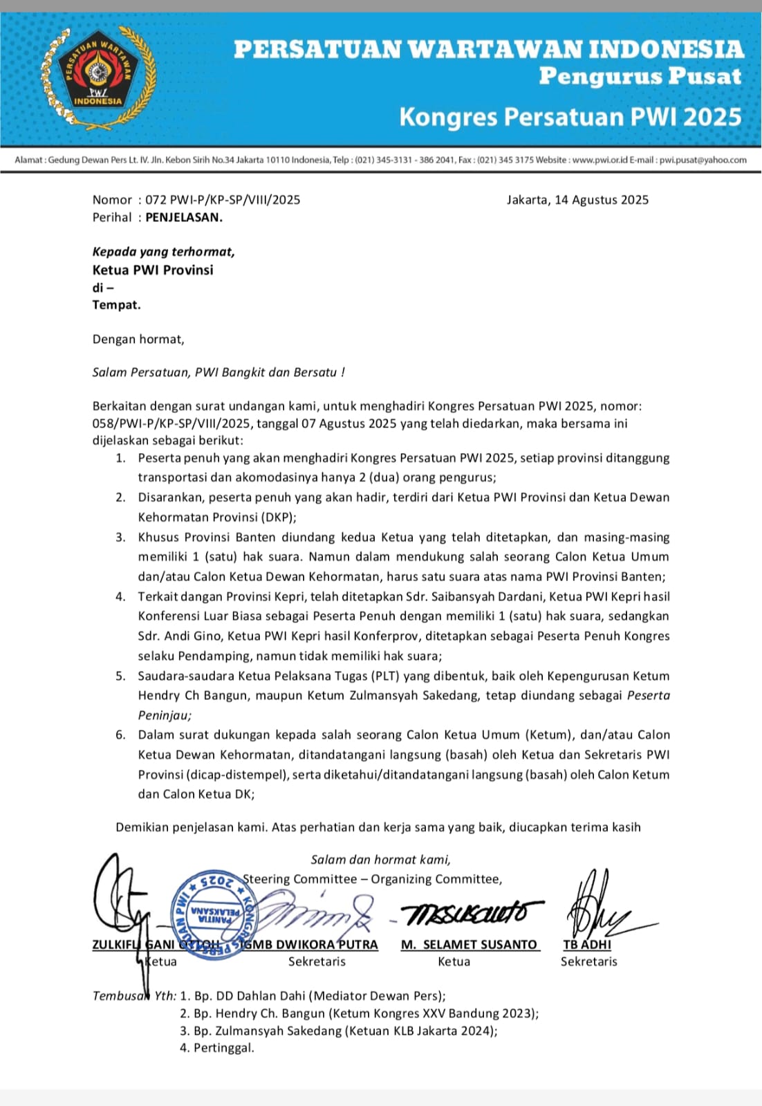 Surat Nomor: 072/PWI-P/KP-SP/VIII/2025 yang dikirim Panitia Pengarah (Steering Committee/SC) Kongres Persatuan PWI 2025. (Foto: SC-OC Kongres Persatuan PWI Pusat)