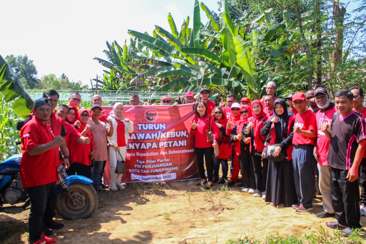 Pengurus PDI Perjuangan Kota Tanjungpinang bersama petani saat kegiatan “Turun ke Sawah/Kebun, Menyapa Petani” di Kelurahan Air Raja, Rabu (24/9/2025).