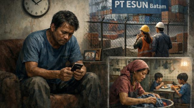 Ilustrasi kondisi para pekerja PT ESUN Batam yang dirumahkan. (Foto: AI pijarkepri.com)
