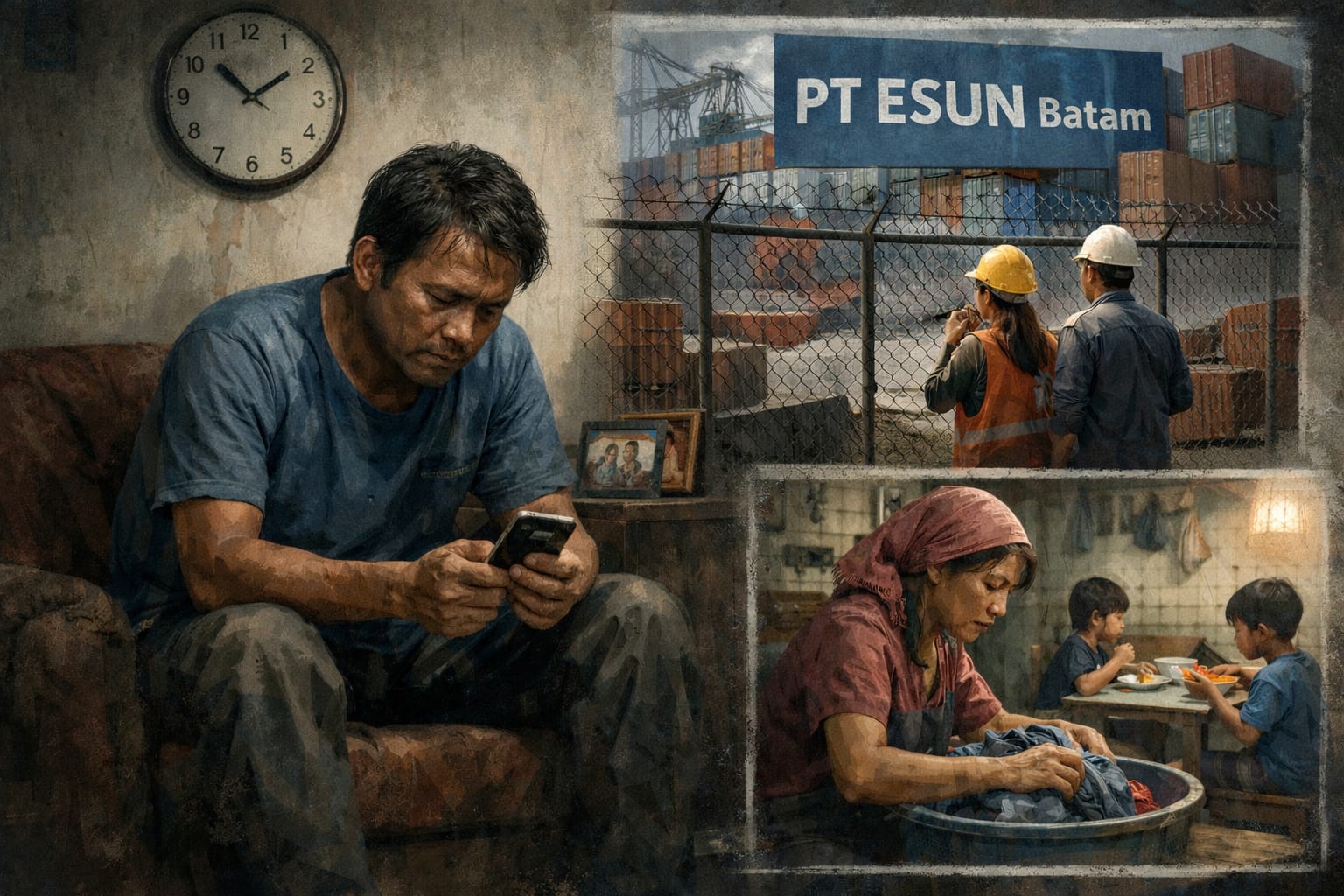 Ilustrasi kondisi para pekerja PT ESUN Batam yang dirumahkan. (Foto: AI pijarkepri.com)