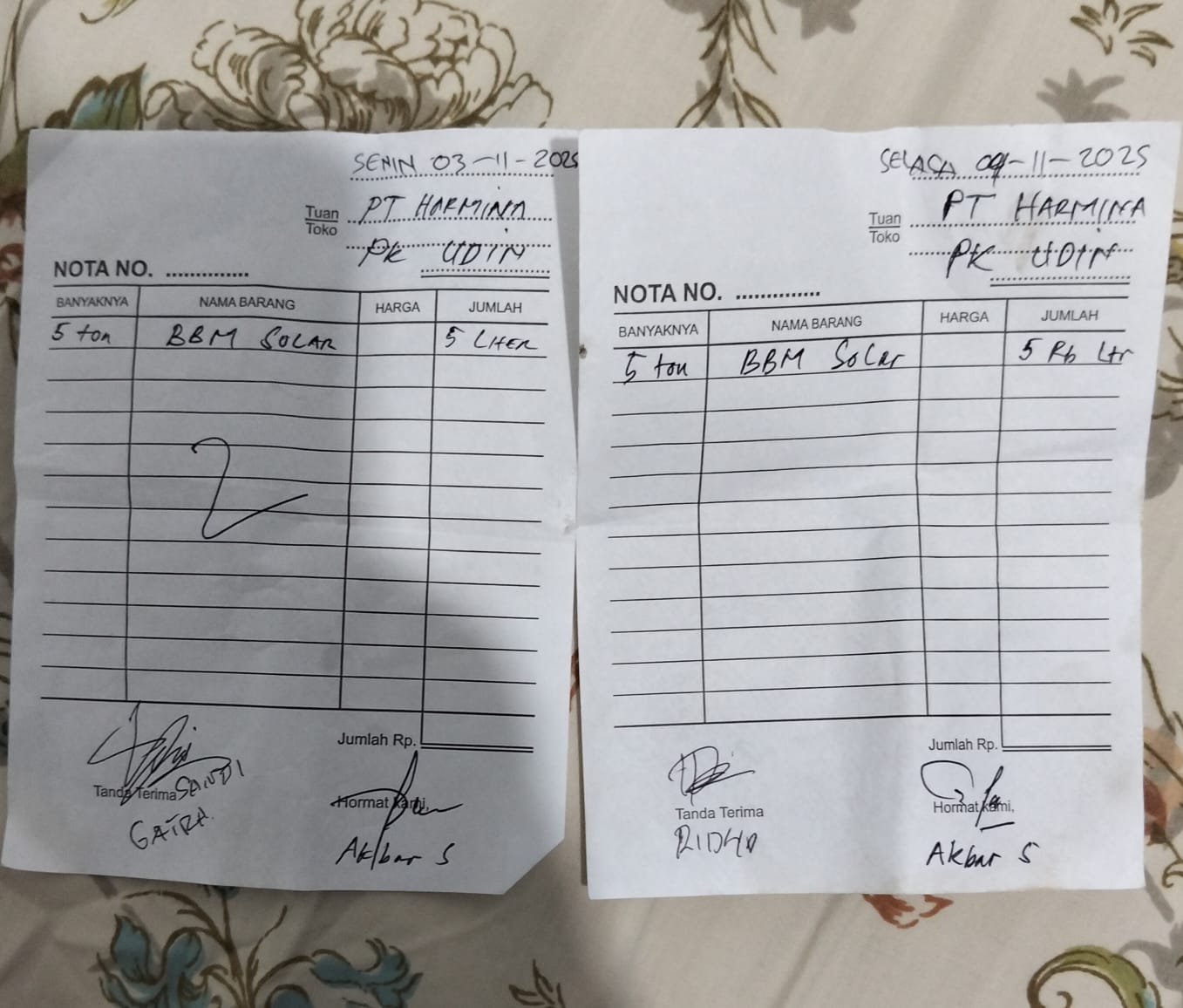 Nota serah terima minyak solar 10 ton kepada PT Hermina Jaya, di Lingga pada 2025. (Foto: doc-udin)