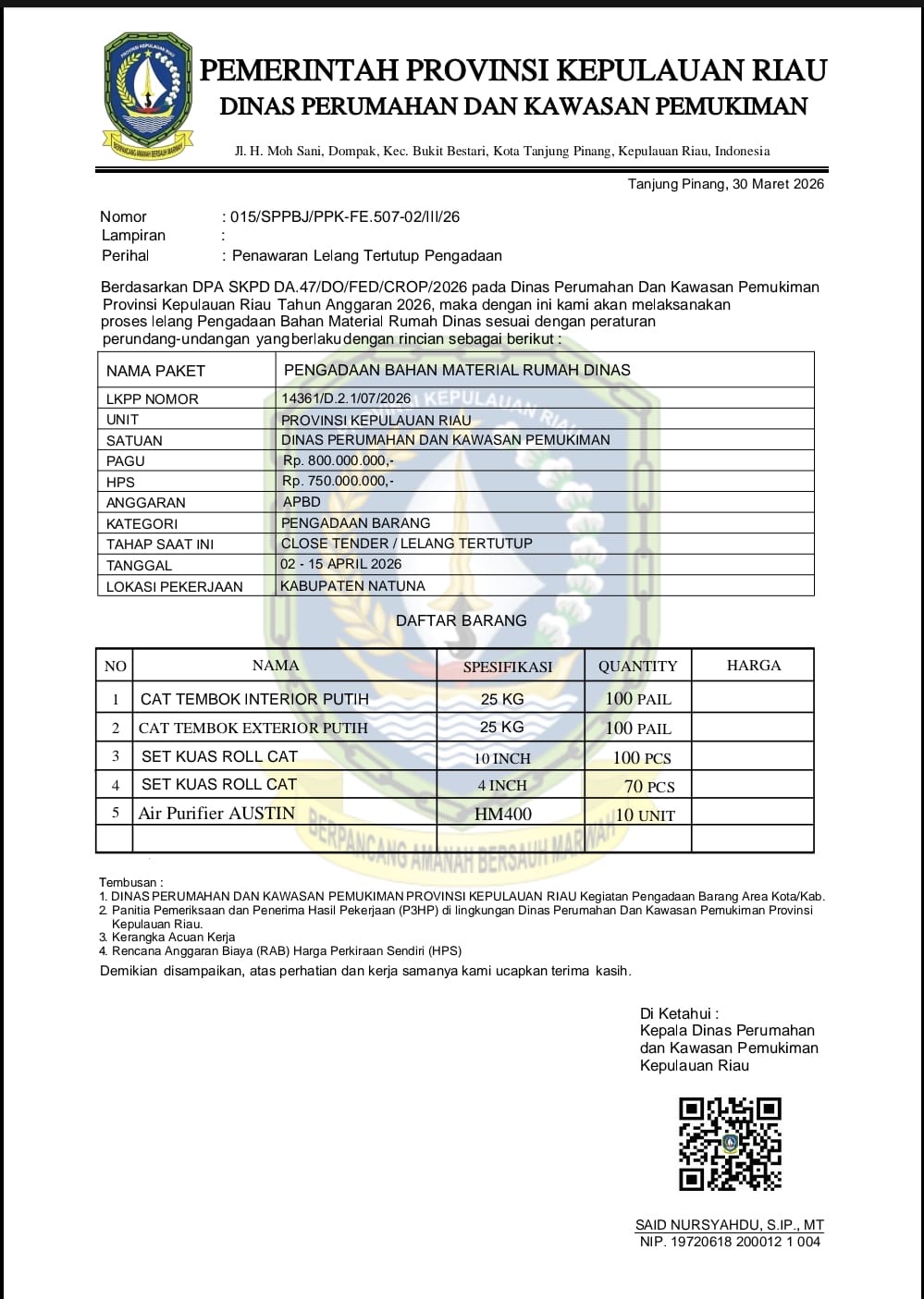 Salah satu surat penawaran palsu yang diperoleh Dinas Perkim Kepri. (Sumber: Dinas Perkim)