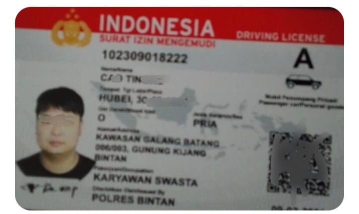 SIM A WNA yang terlibat tabrakan dengan Anggota TNI AL di Tanjungpinang, Kepri.