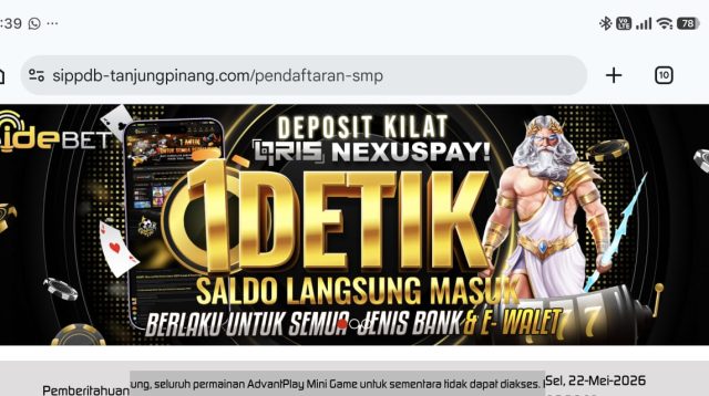 Tangkapan layar situs Penerimaan baru SMP di Tanjungpinang yang beralih ke laman situs Judol. Dinas Pendidikan mengimbau agar masyarakat tidak mengakses situs lama ini, pada Senin (29/6/2026) (Foto: ss hp warga)