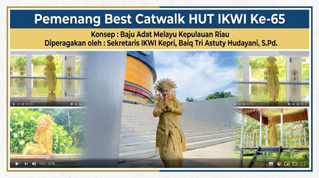 Foto kolase : Sekretaris IKWI Kepri, Baiq Tri Astuti Hudayani, dalam penampilan busana Melayu dalam ajang Busana Adat Nusantara HUT IKWI Ke 65. Baiq Tri Astuti Hudayani mendapat juara Best Catwalk IKWI 2026. (Foto: pijarkepri.com ss/video)