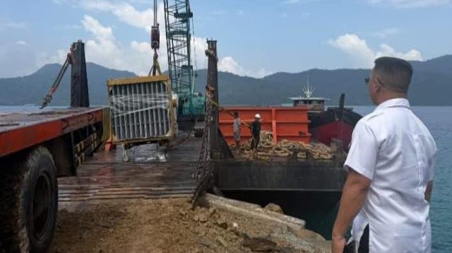 Bupati Kepulauan Anambas, Aneng, meninjau proses bongkar muat mesin Pembangkit Listrik Tenaga Diesel (PLTD) di Pelabuhan Tanjung Momong, Rabu (21/10/2026).
